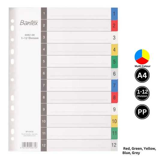 Bantex 1-12 A4 PolyPropylene File Divider