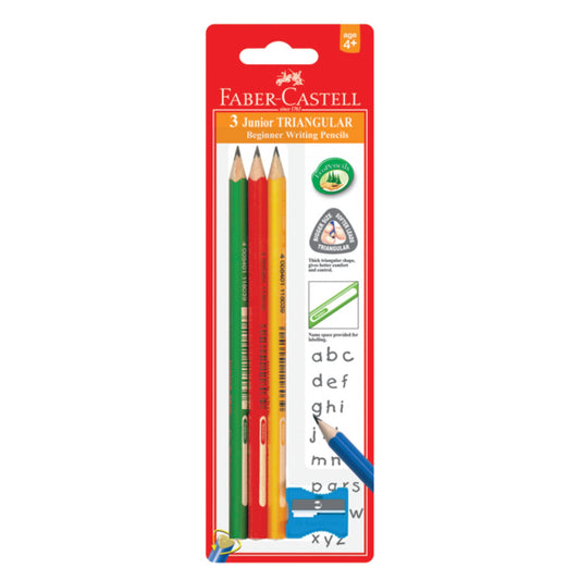 Faber Castell Junior Triangular HB Writing Pencils x3; 1x Sharpener