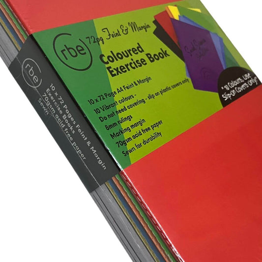 72pg Feint & Margin 8mm Pre-Covered Exercise Books – 10 Pack